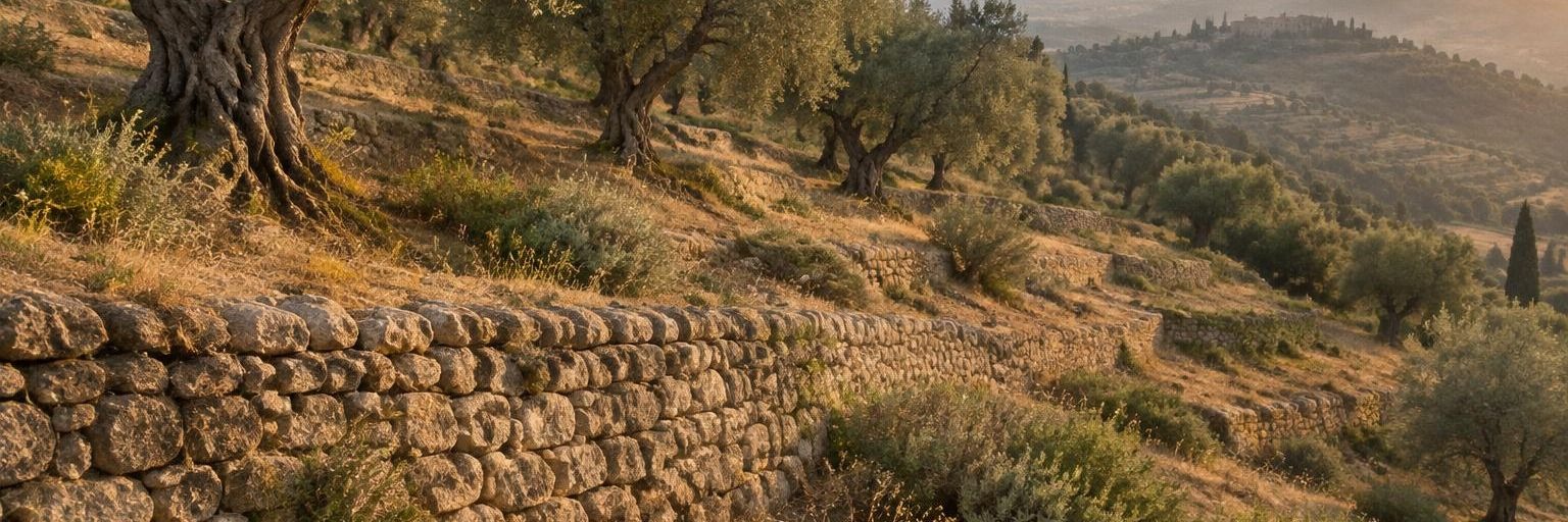 Terraced hillside with dry stone walls and gnarled olive trees, a small hilltop town hazy in the distance.